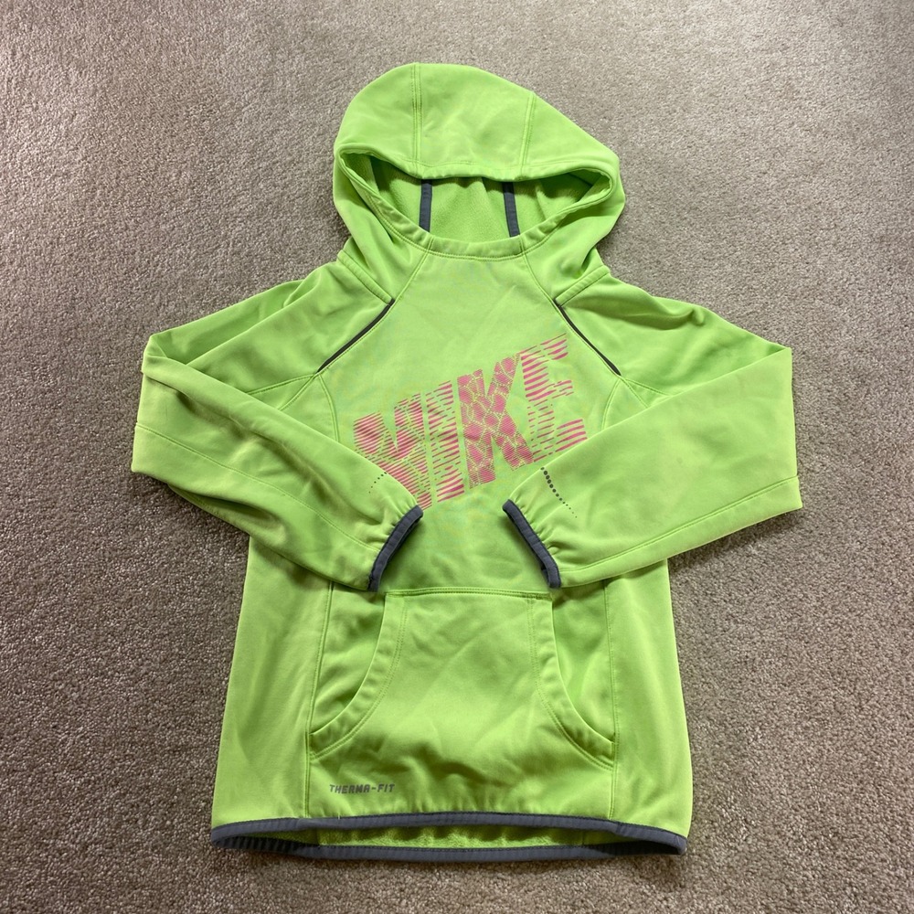 Nike Hoodie Kids XS Neon Green Therma-FIT Fleece Graphic Sweatshirt 678593-367‎